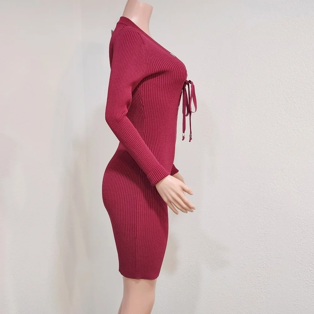 𝅺Michael Kors Ribbed Bodycon Tie V Neck Dress Size: M_7